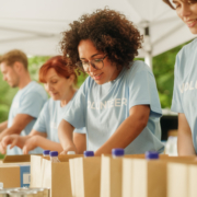 Charity volunteers packing bags