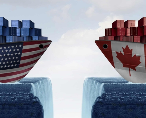 An illustration of two ships depicting the Canada-U.S. trade war